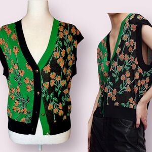 Urban Revivo Color Block Floral Sweater Vest Green Black Sparkly Size 4